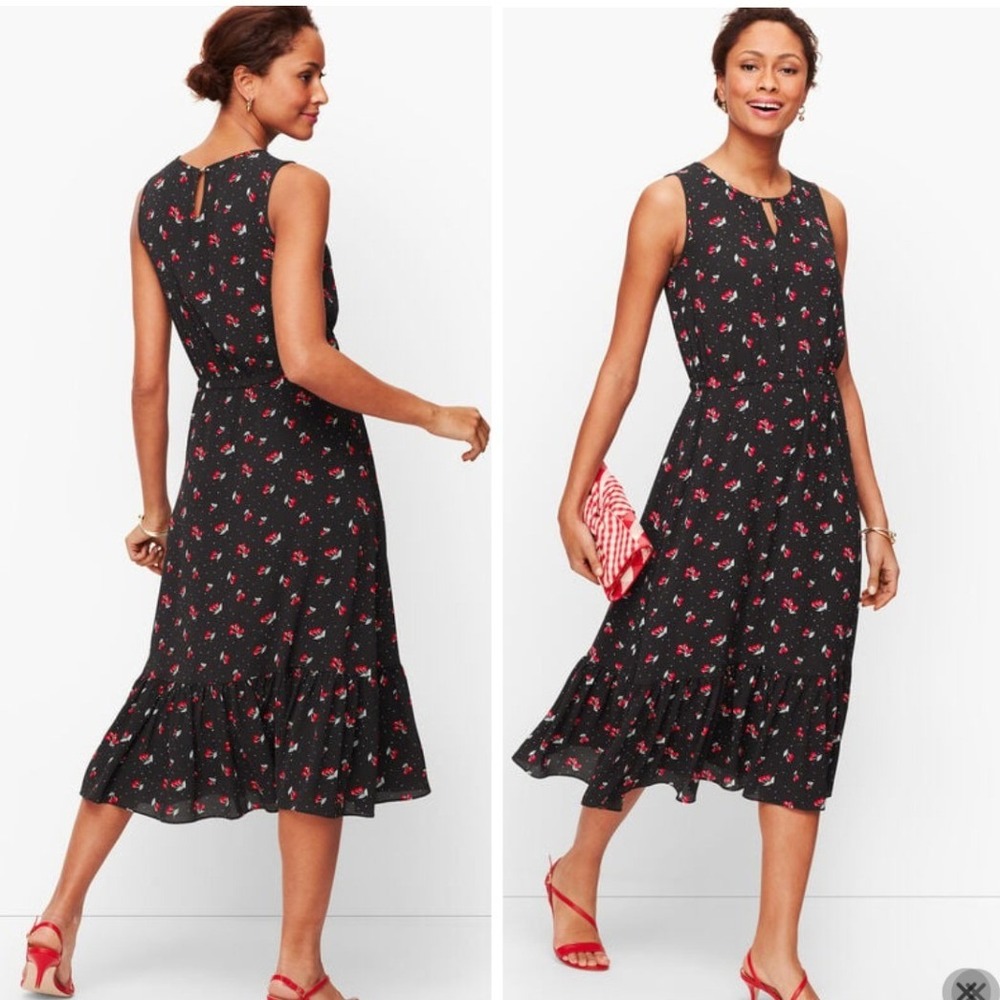 TALBOTS‎ Cherry Print Fit & Flare Midi Dress Rockabilly Notch Neck Sz 16 Petite